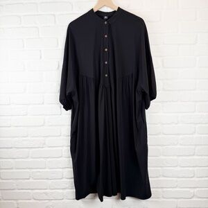 The Frock NYC Black Midi Dress button front pockets oversized modest Stretch L